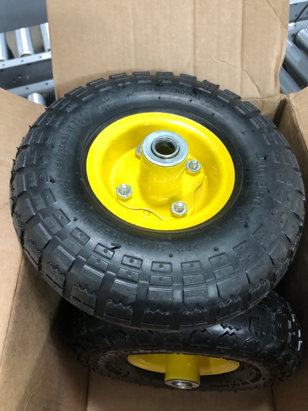 Photo 3 of (4 Pack) AR-PRO 4.10/3.50-4" All Purpose Utility Air Tires and yellow Wheel - with 10" Inner Tube, 5/8" Axle Bore Hole, 2.2" Offset Hub and Double Sealed Bearings for Hand Trucks and Gorilla Cart