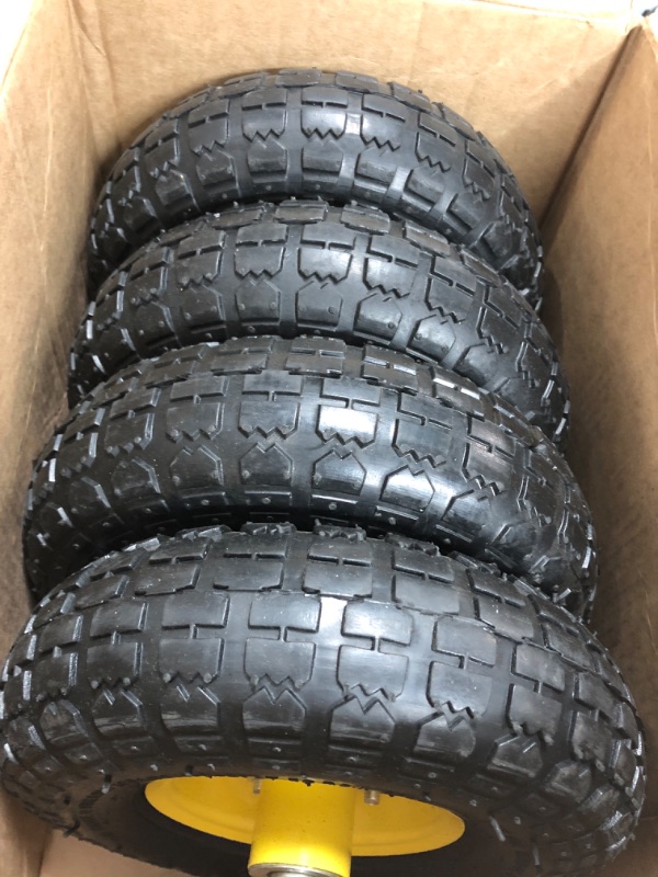 Photo 2 of (4 Pack) AR-PRO 4.10/3.50-4" All Purpose Utility Air Tires and yellow Wheel - with 10" Inner Tube, 5/8" Axle Bore Hole, 2.2" Offset Hub and Double Sealed Bearings for Hand Trucks and Gorilla Cart