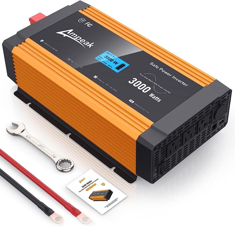 Photo 1 of Ampeak 3000W Pure Sine Wave Power Inverter 17 Protections Inverter DC 12V to AC 120V 3 AC Outlets Dual USB Ports for Truck, Power Outages
