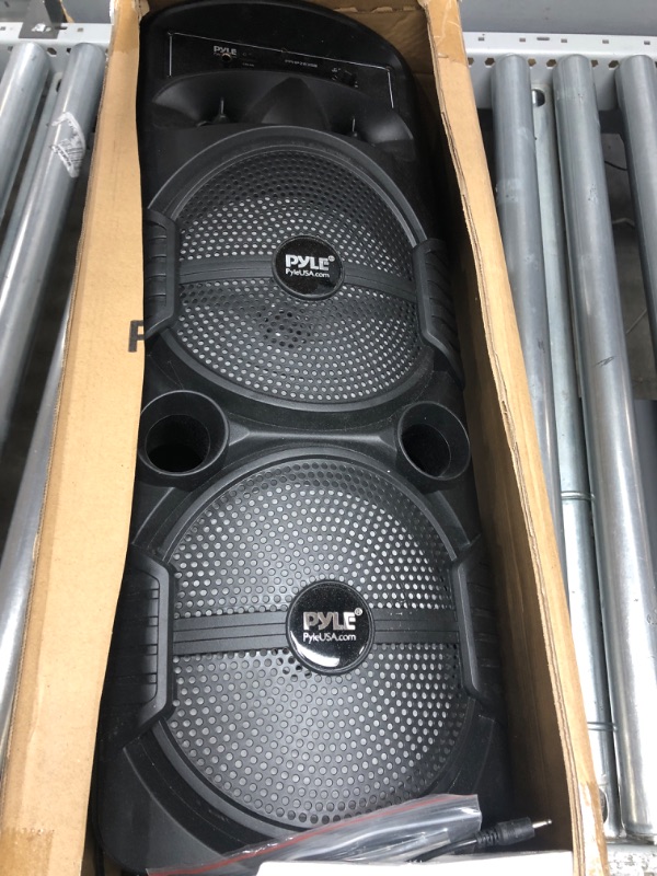 Photo 2 of Pyle Portable Bluetooth PA Speaker System - 600W Rechargeable Outdoor Bluetooth Speaker Portable PA System w/ Dual 8” Subwoofer 1” Tweeter, Microphone In, Party Lights, USB, Radio, Remote - PPHP2835B