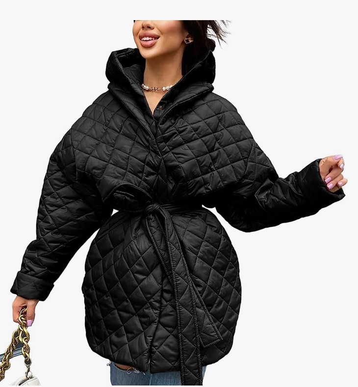 Photo 1 of BTFBM Women Button Down Quilted Jacket Coat 2023 Fall Winter Fashion Belt Pockets Removable Padded Hood Puffer Outerwear