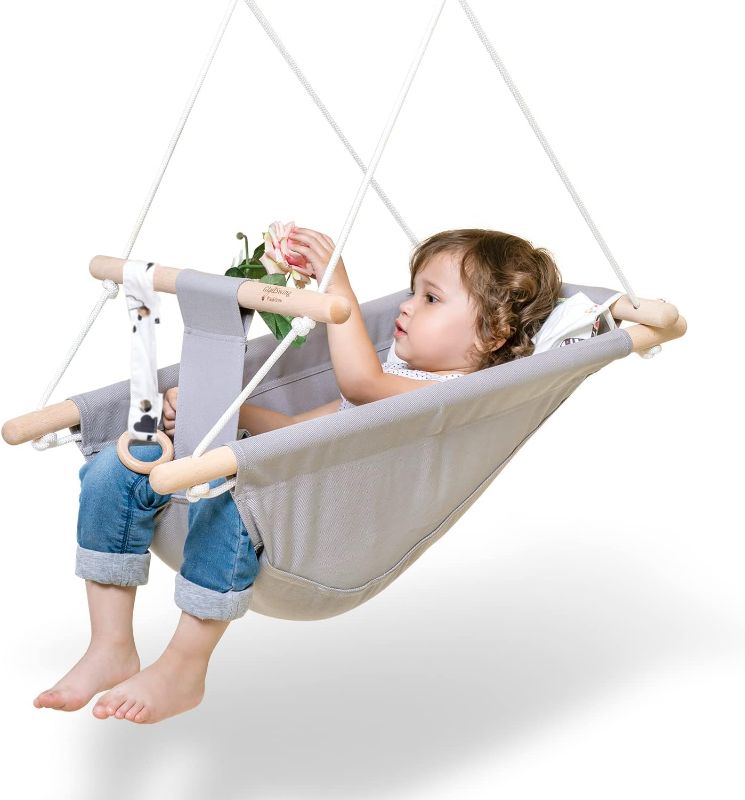 Photo 1 of Baby Swing for Baby and Toddler, Canvas Baby Hammock Swing Indoor and Outdoor with Safety Belt and Mounting Hardware, Wooden Hanging Swing Seat Chair for Baby up to 4 Year - Little Cloud
