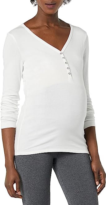 Photo 1 of Amazon Essentials Women's Maternity Nursing Slim-Fit Henley Shirt White Size Large
