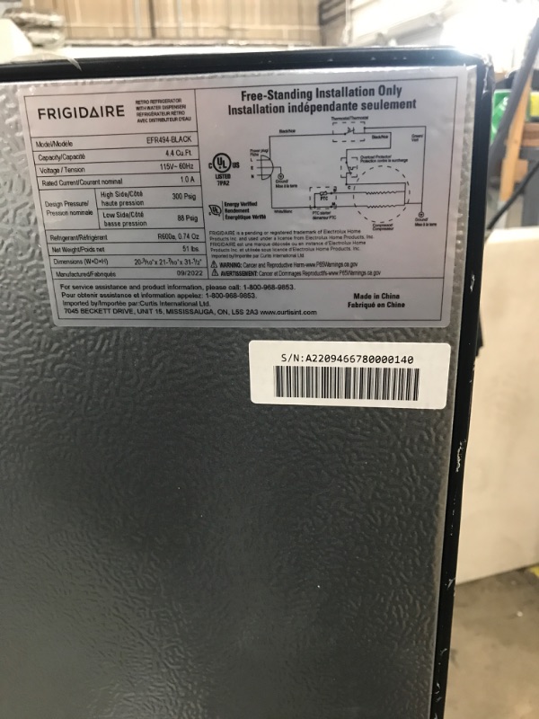 Photo 8 of Frigidaire EFR494-BLACK Retro Compact Mini Fridge with Freezer Compartment, Chrome Handles, 4.5 Cu Ft, Built-in Water Dispenser, Black 4.5 cu ft Refrigerator