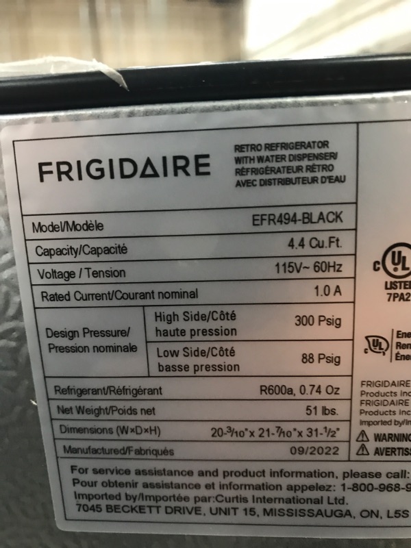 Photo 7 of Frigidaire EFR494-BLACK Retro Compact Mini Fridge with Freezer Compartment, Chrome Handles, 4.5 Cu Ft, Built-in Water Dispenser, Black 4.5 cu ft Refrigerator