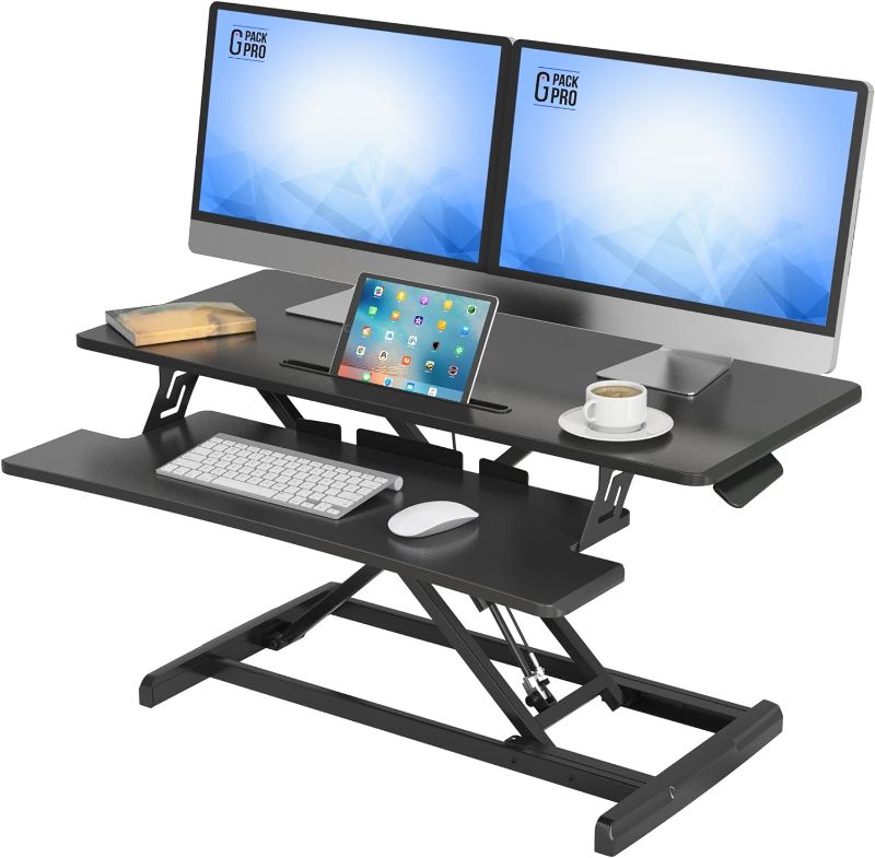 Photo 1 of G-PACK PRO Standing Desk Converter - Height Adjustable Sit Stand Desk Riser up to 20.5" - Super Wide 37" Table fits Dual Monitors - 22 Ergonomic Adjustable Standing Desk Workstation Positions