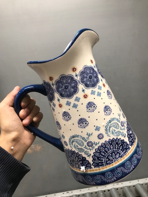 Photo 2 of ***CHIPPED AT THE TOP*** Bico Blue Talavera Ceramic 2.5 Quarts Pitcher with Handle, Decorative Vase for Flower Arrangements, Dishwasher Safe