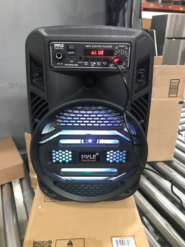 Photo 4 of Portable Bluetooth PA Speaker System - 300W Rechargeable Outdoor Bluetooth Speaker Portable PA System w/ 8” Subwoofer 1” Tweeter, Microphone In, Party Lights, MP3/USB, Radio, Remote - Pyle PPHP835B