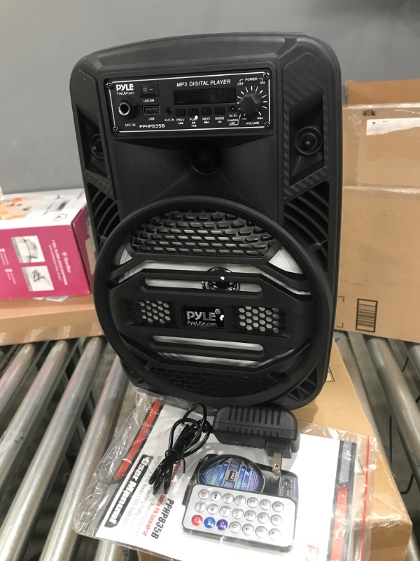 Photo 2 of Portable Bluetooth PA Speaker System - 300W Rechargeable Outdoor Bluetooth Speaker Portable PA System w/ 8” Subwoofer 1” Tweeter, Microphone In, Party Lights, MP3/USB, Radio, Remote - Pyle PPHP835B