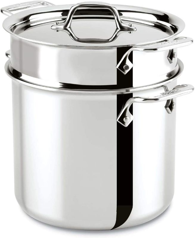 Photo 1 of All-Clad Stainless Steel Tri-Ply Bonded Dishwasher Safe Pasta Pentola with Insert / Cookware, 7-Quart, Silver

