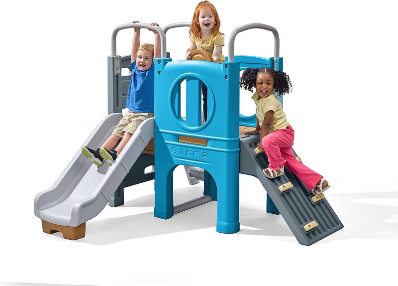 Photo 1 of **BOX 1  OF 2 ONLY **Step2 Scout & Slide Climber Toddler Playset – Toddler Play Gym with Elevated Kids Playhouse, Kids Slide, Two Climbing Walls, Steering Wheel, and Metal Bars – Dimensions 72.5" x 70" x 55.75"
