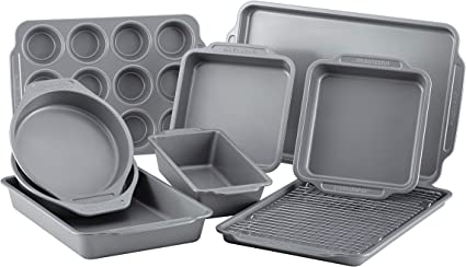 Photo 1 of (minor damage) Nonstick Steel Bakeware Set with Cooling Rack, Baking Pan and Cookie Sheet Set with Nonstick Bread Pan and Cooling Grid, 10-Piece Set, Gray