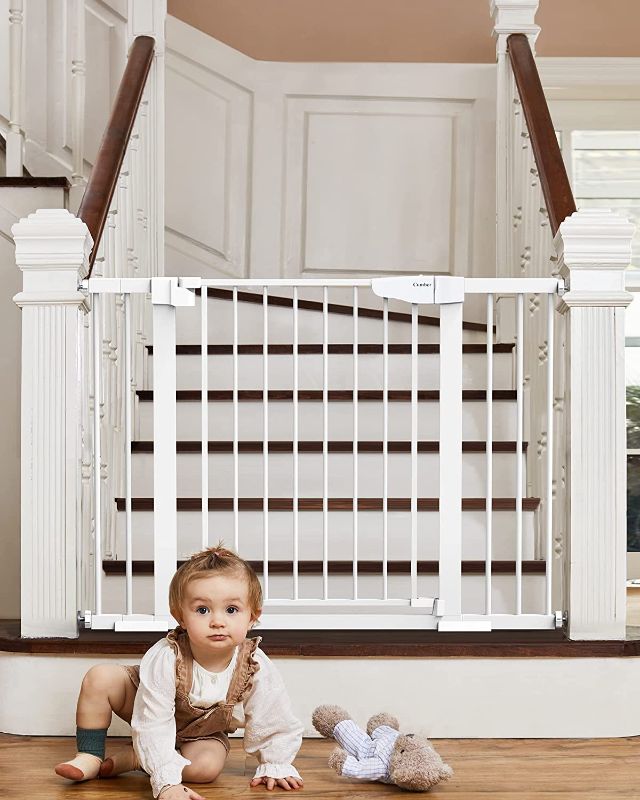 Photo 1 of  29.7-46" Auto Close Baby Gate for Stairs, Easy Install Pressure/Hardware Mounted Dog Gates for The House Indoor, Easy Walk Thru Wide Safety Pet Gates for Dogs, White