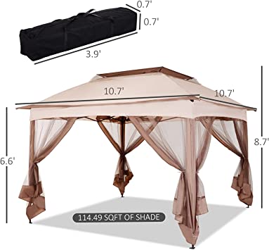 Photo 1 of `Outsunny 11' x 11' Pop Up Gazebo, Outdoor Canopy Shelter with Removable Zipper Netting, Instant Event Tent with 121 sq.ft Shade and Carry Bag for Patio, Backyard, Garden, Khaki
