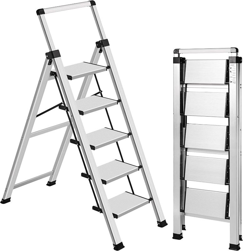 Photo 1 of **MINOR WEAR & TEAR**XinSunho 5 Step Ladder, Retractable Handgrip Folding Step Stool with Anti-Slip Wide Pedal, Aluminum Stool Ladders 5 Steps, 330lbs Safety Household Ladder
