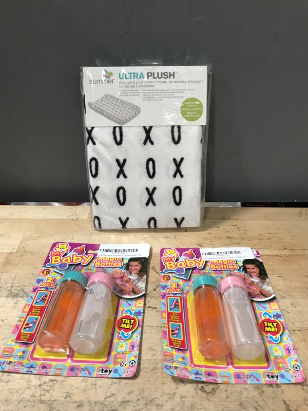 Photo 3 of 3 BUNDLED ITEMS - 2 JA-RU Magic Baby Doll Bottles Milk Bottle and Juice Bottle, Great Baby Doll Accessories, Set with 2 Bottles 701-1; AND, Summer Infant Summer Ultra Plush Changing Pad Cover - XO