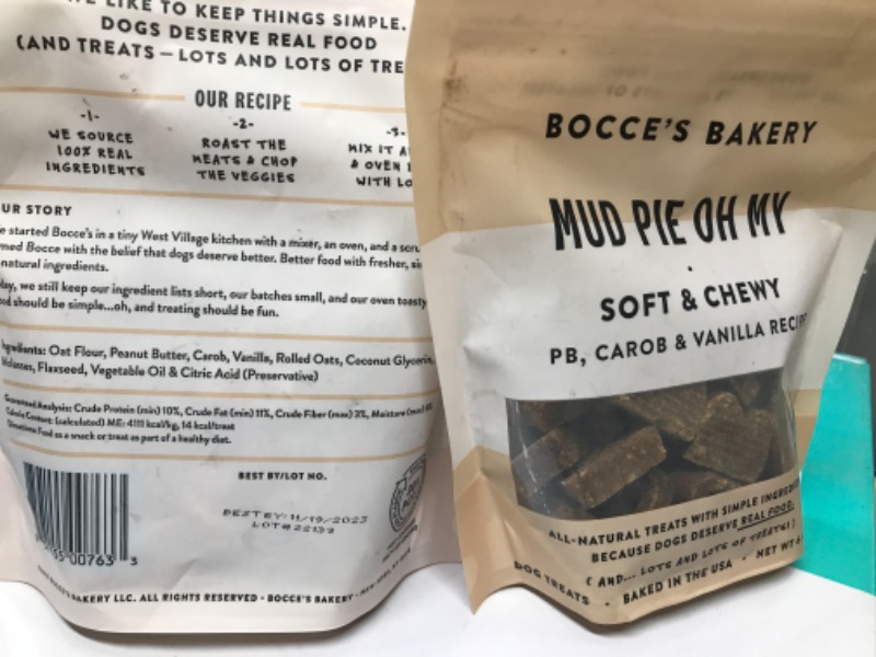 Photo 2 of *** BUNDLE OF 2**** best by 11/2023-  Bocce's Bakery Oven Baked Mud Pie Oh My Treats for Dogs, Wheat-Free Everyday Dog Treats, Made with Real Ingredients, Baked in The USA, All-Natural Soft & Chewy Cookies, PB, Carob & Vanilla, 6 oz