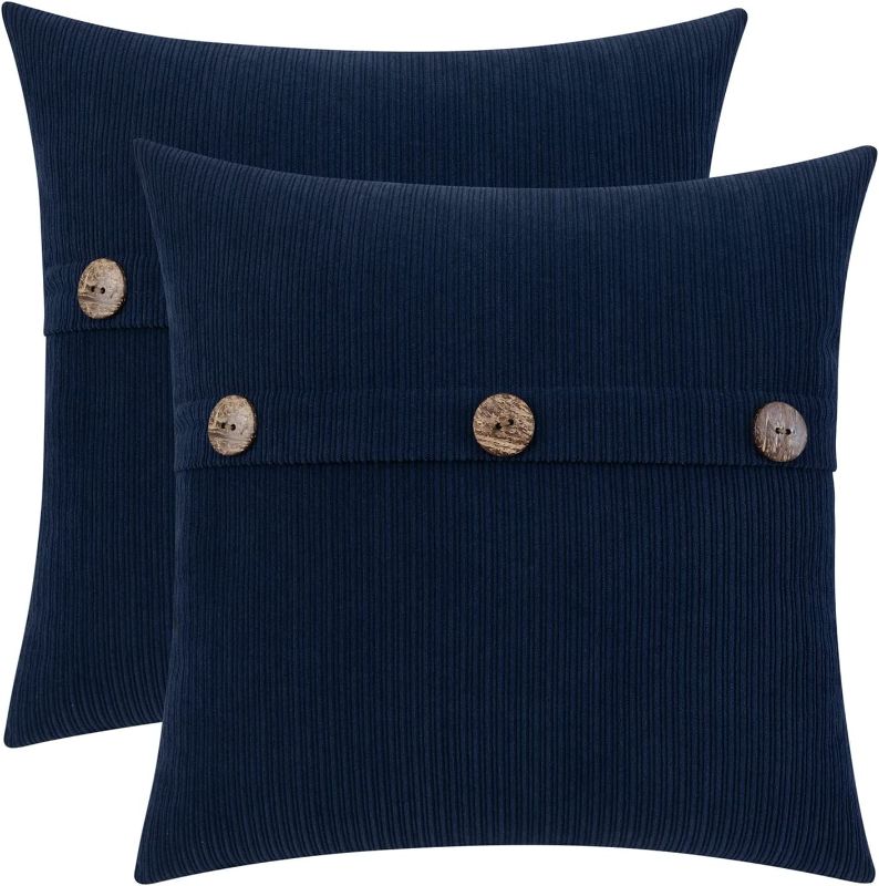 Photo 1 of HWY 50 Navy Blue Decorative Throw Pillow Covers Set 18x18 inch for Couch Sofa Bed Bedroom, Chenille Soft Solid Throw Pillows Cases Cushions Cover with Triple Buttons Pack of 2
