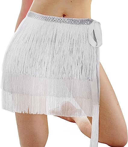 Photo 1 of BUNDLE OF 2---Lusofie Tassel Skirt Fringe Skirt Waist Sequin Belly Dance Skirt Tassel Hip Scarf Latin Skirt for Women Girls(White, Pink)
