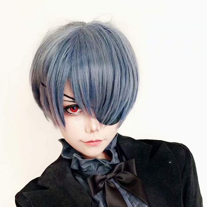 Photo 1 of LABEAUTÉ Short Male Gray Wig Males Boy Cosplay Wig Anime Straight Blue Fluffy Wig with Bangs Mens Halloween Party Hair Wig + Free Cap
