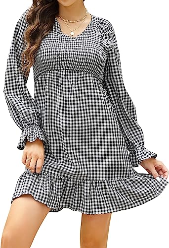 Photo 1 of KOJOOIN Womens V Neck Ruffle Long Sleeve Dress Smocked Plaid Casual Flowy Tiered Mini Dress XL 