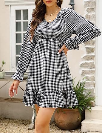 Photo 1 of KOJOOIN Womens V Neck Ruffle Long Sleeve Dress Smocked Plaid Casual Flowy Tiered Mini Dress
