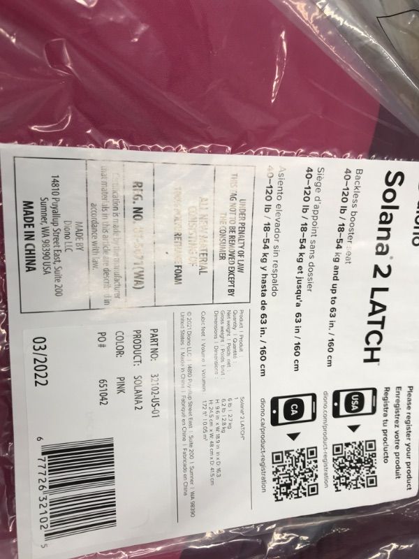 Photo 3 of Diono Solana 2 XL 2022, Dual Latch Connectors, Lightweight Backless Belt-Positioning Booster Car Seat, 8 Years 1 Booster Seat, Pink NEW! LATCH Connect Single Pink