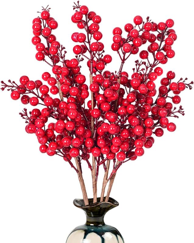 Photo 1 of (2) 4 Pack Artificial Red Berry Stems Holly Christmas Berries for Festival Holiday Crafts and Home Decor, 19.5 Inches Burgundy Berry Floral Christmas Tree Decoration