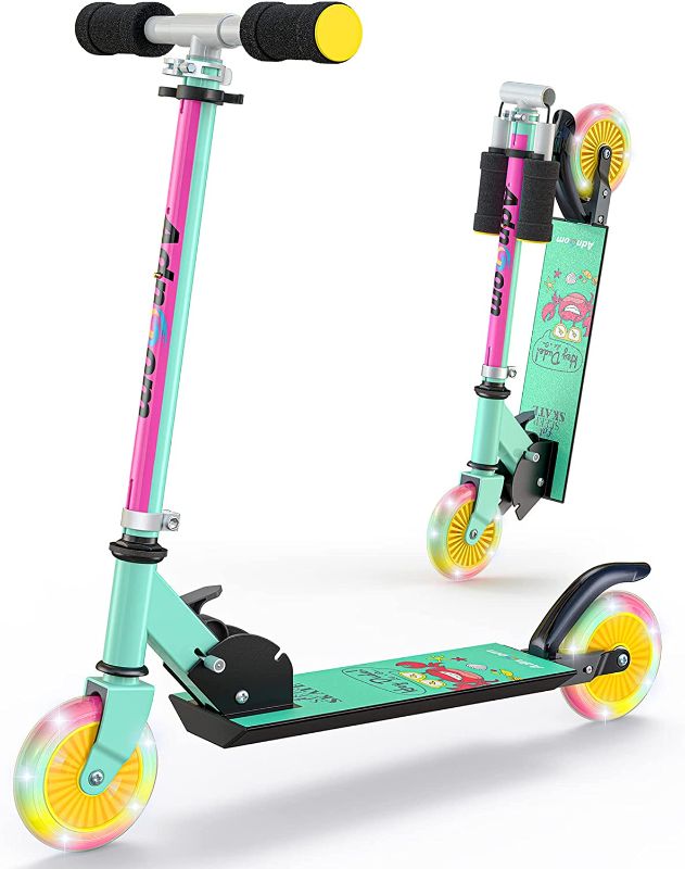 Photo 1 of ADNOOM Scooter for Kids Ages 3-12, Folding Kick Scooters with LED Light Up Wheels, 3 Adjustable Height and Lightweight Design for Boys Girls, Anti-Slip Rubber Grips and Extra Wide Deck, Rear Brake