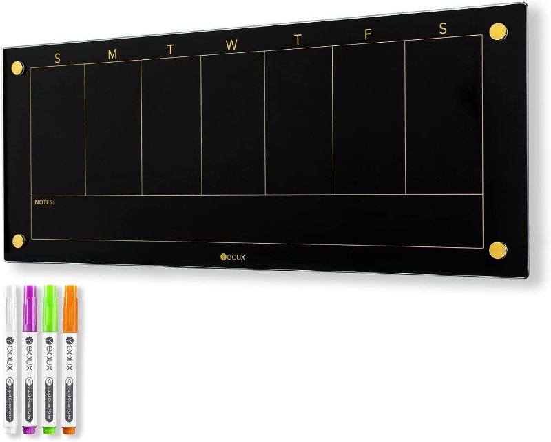 Photo 2 of ( NO GLASS) Black Glass Golden Weekly Dry Erase Calendar Whiteboard for Wall, to Do List & 7 Days Planner White Board for Home Office, 23x9.5", 4 Wet Erase Markers Included, Yeoux Black. Weekly-23" x 9.5"