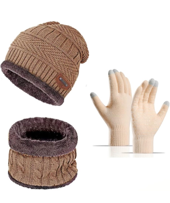 Photo 1 of (3) Yvechus 3-Pieces Winter Beanie Hat Scarf Set Warm Knit Hat Thick Fleece Lined for Men Women
