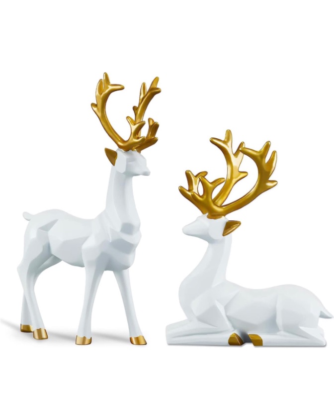 Photo 1 of 2PCS Carved elk Statue Resin Ornaments, Christmas Reindeer Fortune Seeking Decoration Modern Retro Art Standing and Sitting Posture, Applicable to Living Room and Bedroom (3D Geometric White)