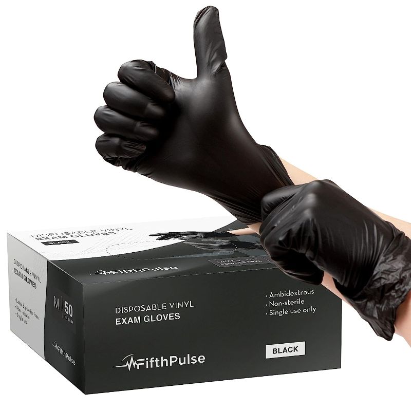 Photo 1 of (2) Black Vinyl Disposable Gloves Medium 50 Pack - Latex Free, Powder Free Medical Exam Gloves - Surgical, Home, Cleaning, and Food Gloves - 3 Mil Thickness