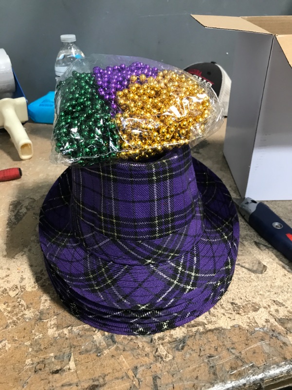 Photo 2 of 42 Pcs Mardi Gras Accessories Set 36 Pcs Mardi Gras Metallic Bead Necklaces Bulk and 6 Pcs Plaid Purple Mardi Gras Hat, Women Men's Costume Headwear for Carnival Mardi Gras Parade Party Festivals
