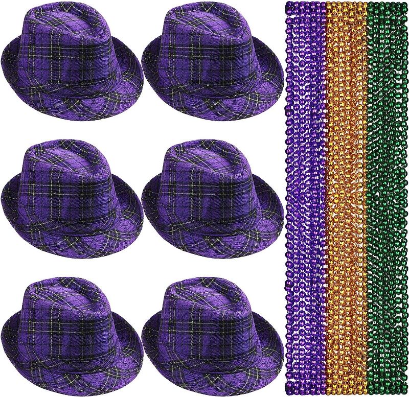 Photo 1 of 42 Pcs Mardi Gras Accessories Set 36 Pcs Mardi Gras Metallic Bead Necklaces Bulk and 6 Pcs Plaid Purple Mardi Gras Hat, Women Men's Costume Headwear for Carnival Mardi Gras Parade Party Festivals
