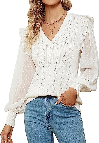 Photo 1 of BMJL Womens V Neck Sweater Dressy Casual Ruffle Long Sleeve Tops Hollow Out Knit Lightweight Pullover Blouse- M

