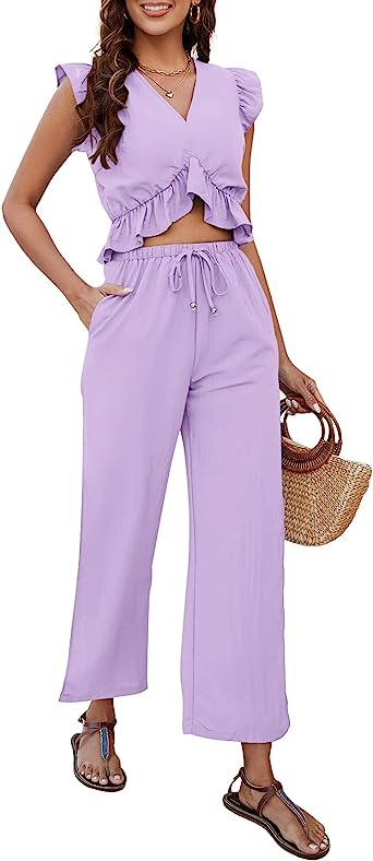 Photo 1 of Hount Womens Summer 2 Piece Outfits V Neck Crop Top Side Split Wide Leg Pants Jumpsuit Casual Vacation Outfits with Pockets- L