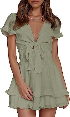 Photo 1 of AlvaQ Womens Summer Knot Front Sundress V Neck Ruffles Short Sleeve Swing Mini Dress size XL