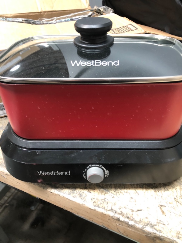 Photo 1 of ***POT DAMAGED HEAVILY***West Bend 87906R Slow Cooker, Large-Capacity Non-Stick Crockpot with Variable Temperature Control, Travel Lid and Thermal Carrying Case, 6 Qt, Red