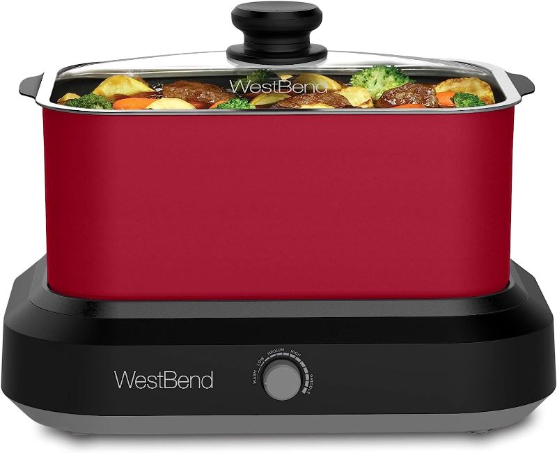 Photo 2 of ***POT DAMAGED HEAVILY***West Bend 87906R Slow Cooker, Large-Capacity Non-Stick Crockpot with Variable Temperature Control, Travel Lid and Thermal Carrying Case, 6 Qt, Red