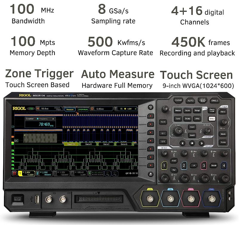 Photo 1 of 
RIGOL MSO5104 100 MHz Mixed Signal Oscilloscope with 4 Analog Channels and UltraVision II High-Speed Oscilloscope Free Bundle Option MSO5000-BND