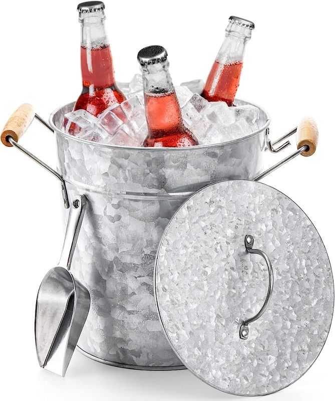 Photo 2 of Frcctre Farmhouse 4 Liter Ice Bucket with Lid, Galvanized Metal Beverage Tub with Scoop and Handles, Drink and Wine Chiller for Bar, Party, BBQ, Great for Indoor and Outdoor Use