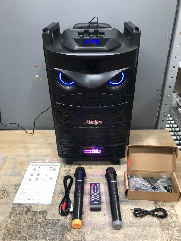 Photo 6 of Moukey Karaoke Machine, PA System Subwoofer, Portable Bluetooth Speaker w/ 2 Wireless Microphones, Lyrics Display Holder, Party Lights & Echo/Treble/Bass Adjustment, Support TWS/REC/AUX/MP3/USB/TF/FM 10" Subwoofer