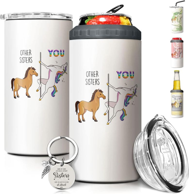 Photo 1 of  Unicorn Sisters Gifts from Sister Tumblers - 4-in-1 Design Tumbler Cup Can Cooler - 12oz Stainless Steel Insulated Can Coozie Travel Mug Birthday Christmas Sissy Gift from Soul Sister, Bestie