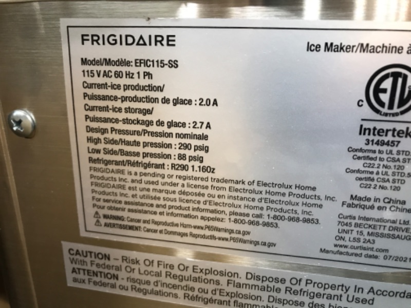 Photo 7 of Frigidaire EFIC115 Extra Large Ice Maker, Stainless Steel, 48 lbs per Day