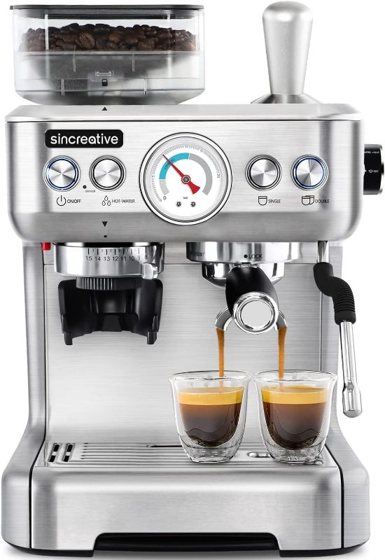 Photo 1 of Espresso Machine with Grinder and Milk Frother, 20 Bar Semi Automatic Espresso Coffee Machine Latte and Cappuccino Coffee Maker All in One Espresso Machine for Home Barista, Brushed Stainless Steel
