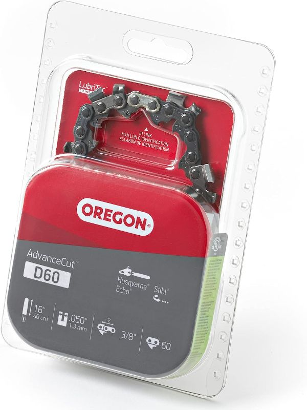 Photo 1 of Oregon D60 AdvanceCut Replacement Chainsaw Chain for 16-Inch Guide Bars, 60 Drive Links, Pitch: 3/8" Low Kickback, .050" Gauge, Fits Husqvarna, Echo, Stihl, Poulan, Craftsman and More
