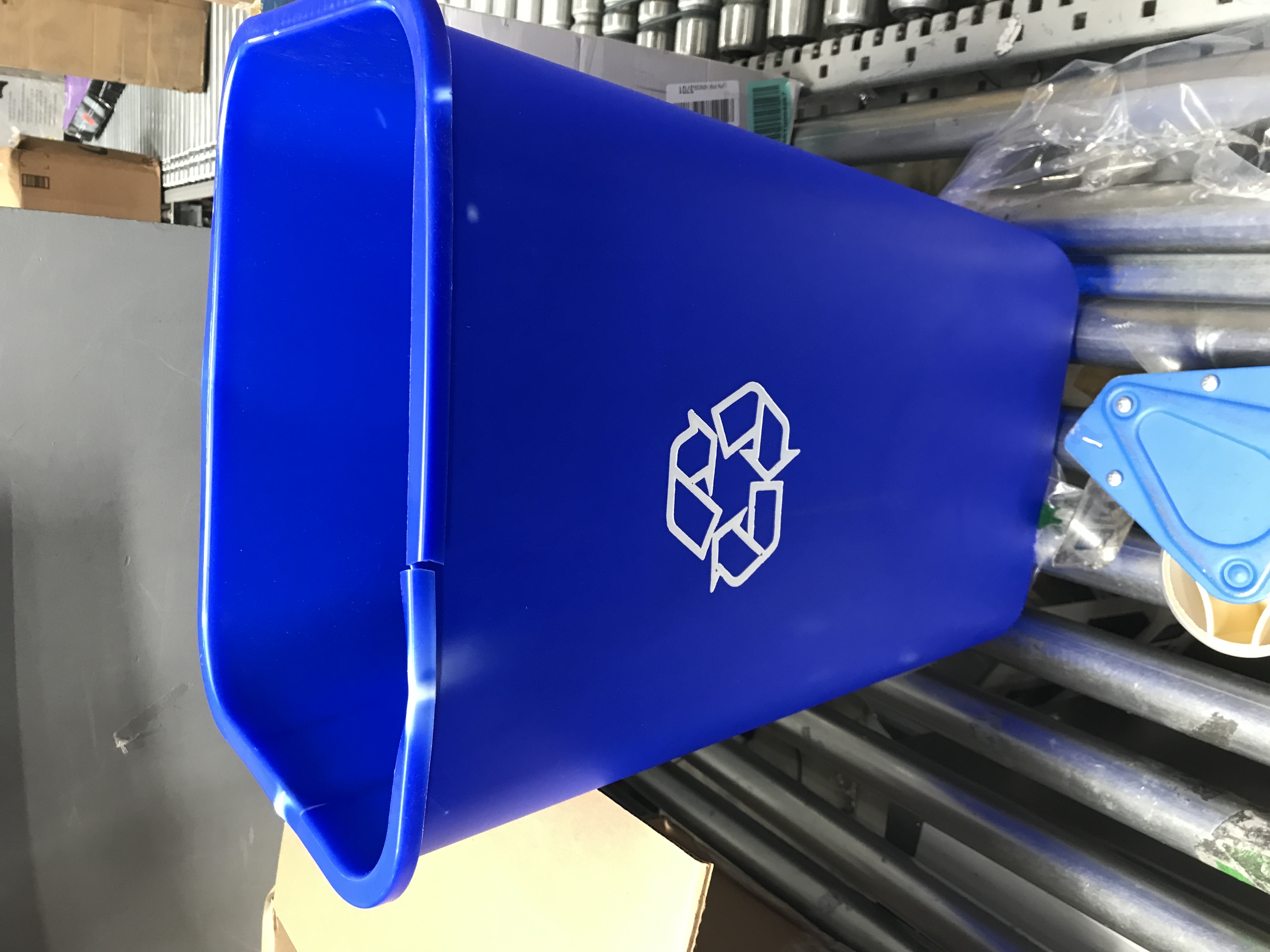 Photo 2 of **DAMAGED**
AmazonCommercial 10 Gallon Rectangular Commercial Office Wastebasket, w/ Recycle Logo, 1-Pack, Blue