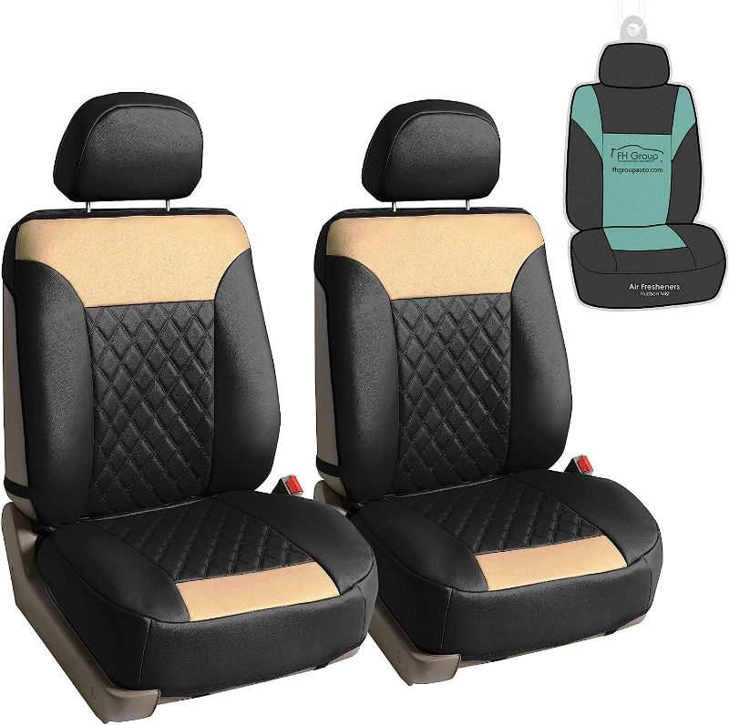 Photo 1 of FH Group Deluxe Faux Leather Diamond Pattern Front Set Car Seat Cushions with Gift - Universal Fit for Cars, Trucks, & SUVs PU089102 (Beige)
