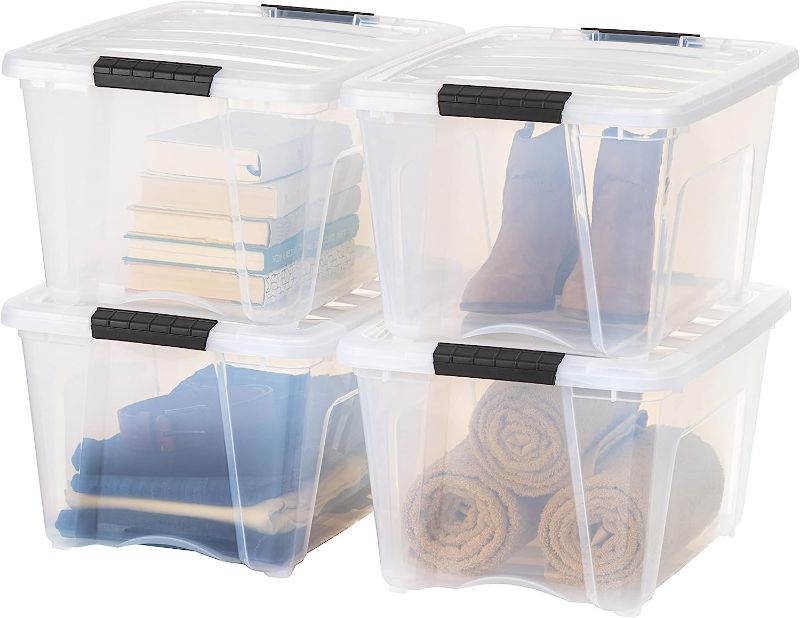 Photo 1 of IRIS USA 32 Qt. Plastic Storage Container Bin with Secure Lid and Latching Buckles, 4 pack - Crystal Clear, Durable Stackable Nestable Organizing Tote Tub Box Toy General Organization Medium
